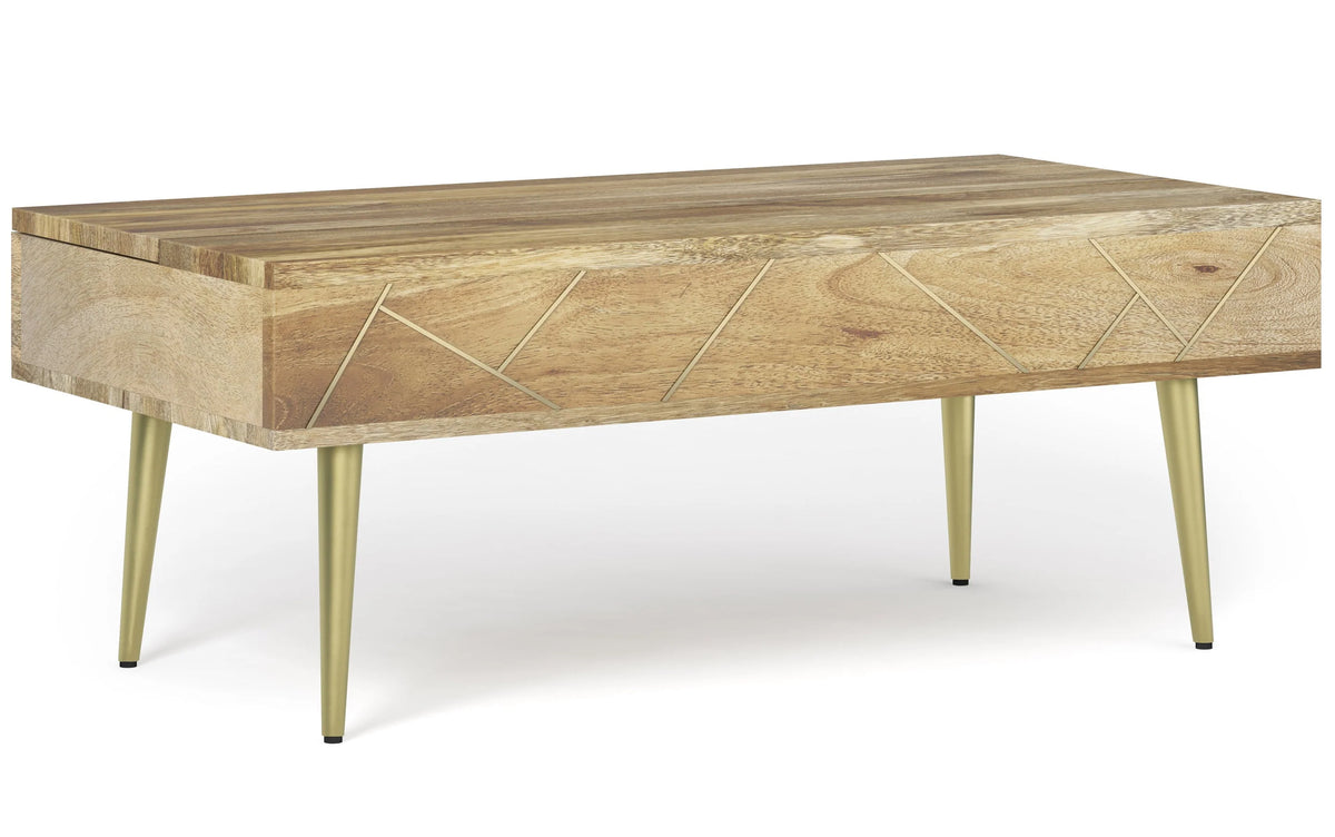 Simpli Home Jager 48" Solid Mango Lift Top Coffee Table Brass Inlay NEW NIB