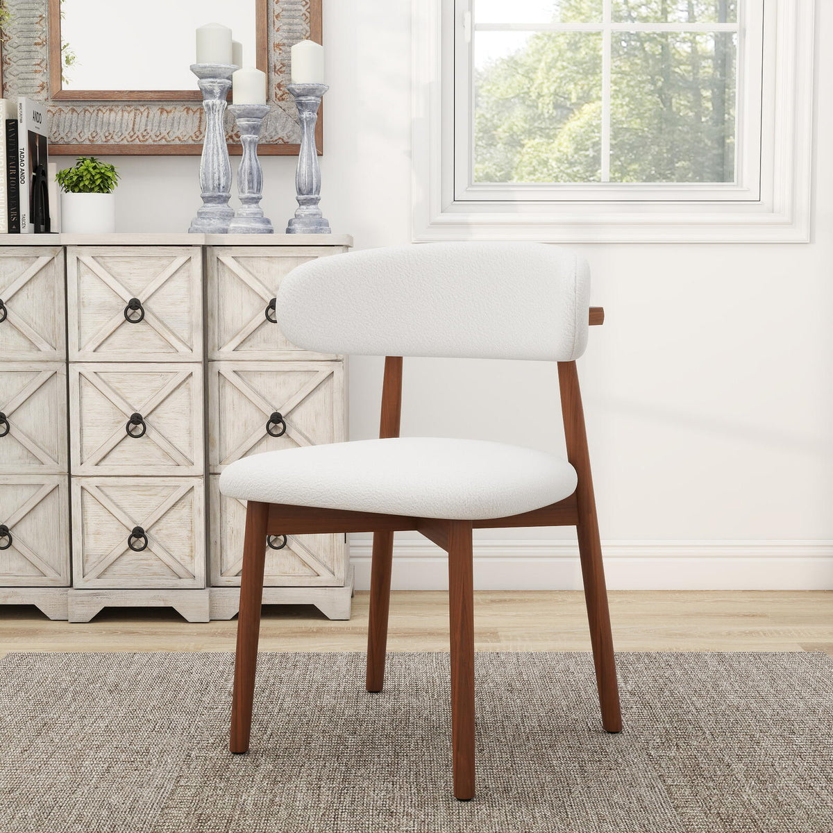 Set of 4 Boucle and Solid Wood Dining Chairs