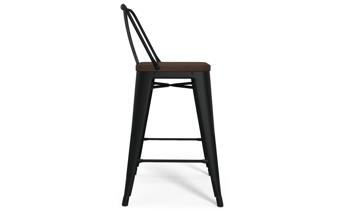 Simpli Home Rayne 24" Counter Stool Set of 2 – Wood Seat Black Metal NEW NIB