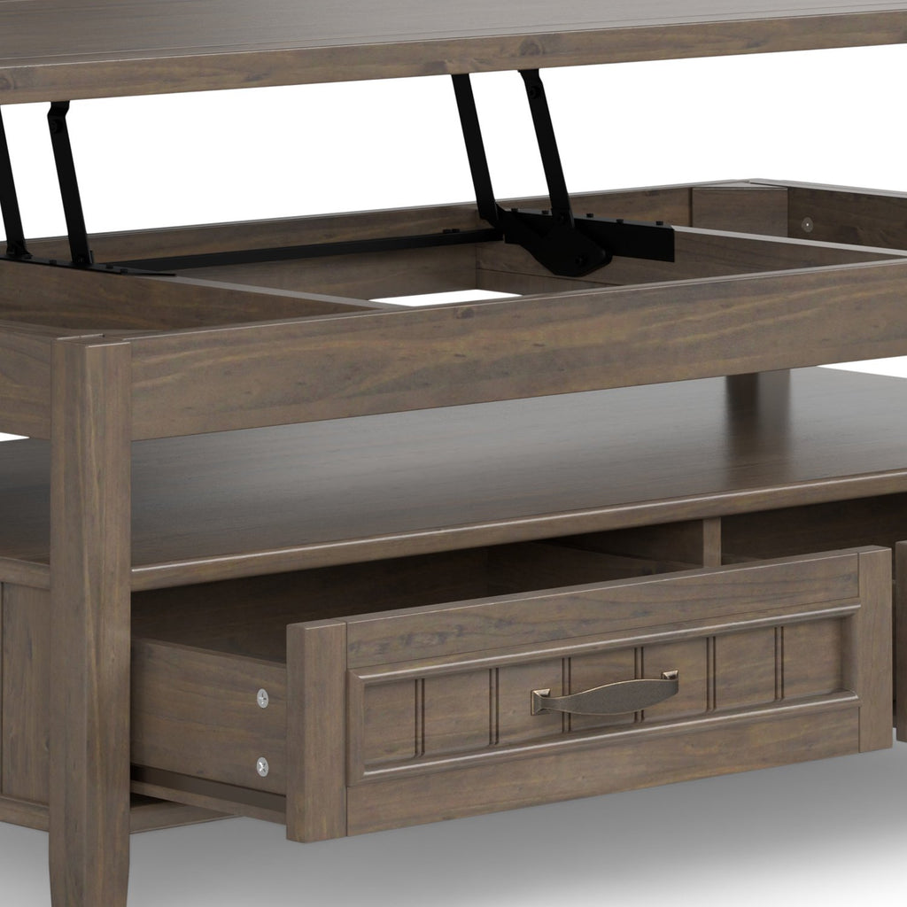 Simpli Home Lev 48" Solid Wood Lift-Top Coffee Table – Smoky Brown NEW NIB