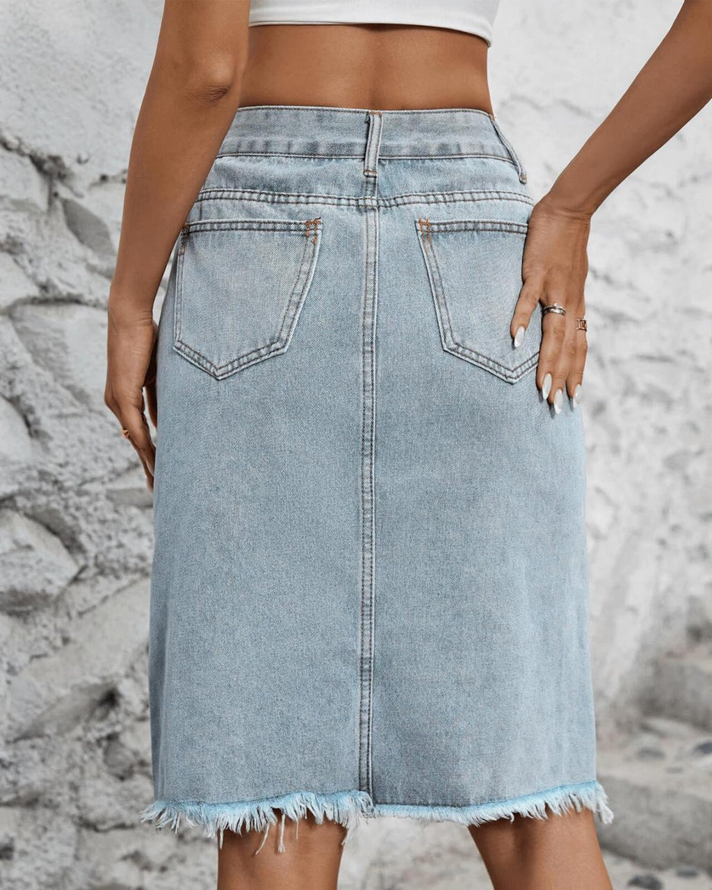 High Waist Front Split Raw Hem Tasseled Midi Denim Skirt, Medium, Light Blue
