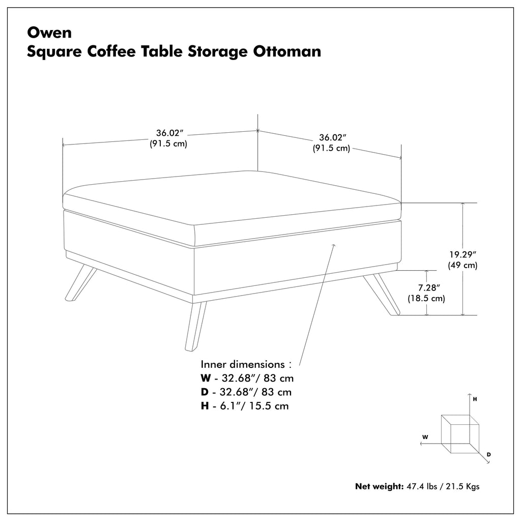 Simpli Home Owen 36" Mid-Century Storage Ottoman Coffee Table – Grey NEW NIB