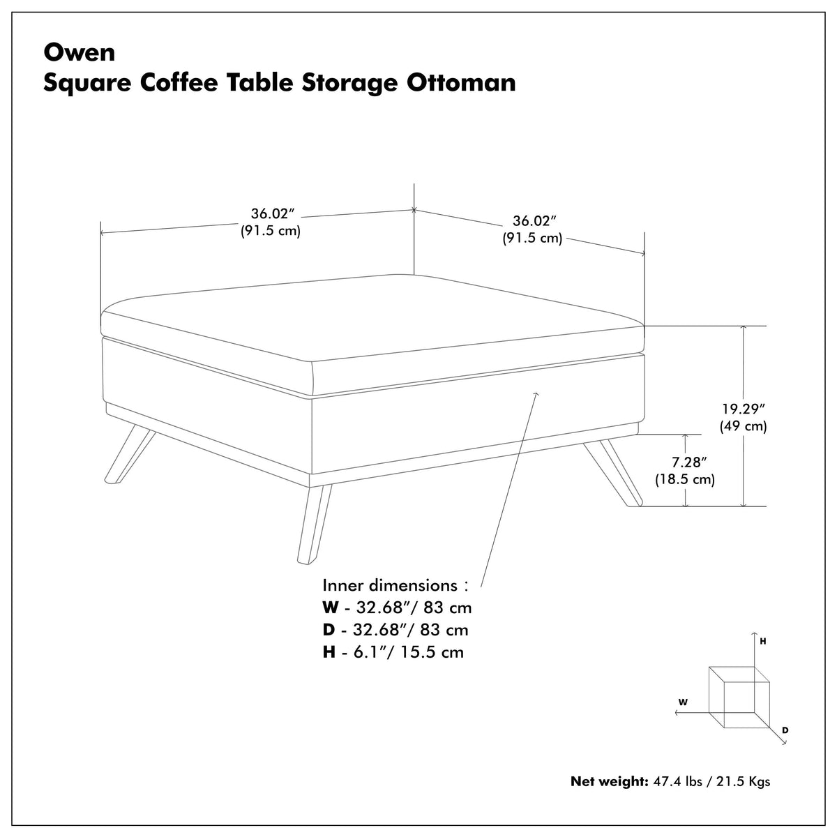 Simpli Home Owen 36" Mid-Century Storage Ottoman Coffee Table – Grey NEW NIB