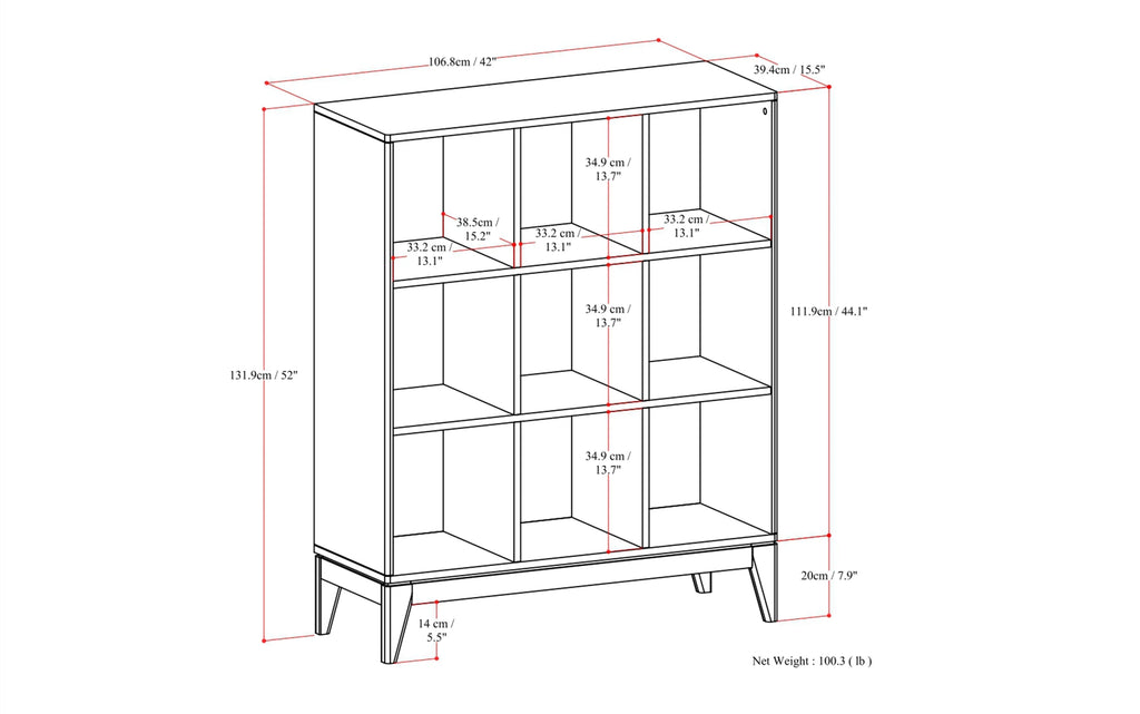 Simpli Home Harper 9-Cube Mid-Century Bookcase 52"H – Dark Walnut NEW NIB