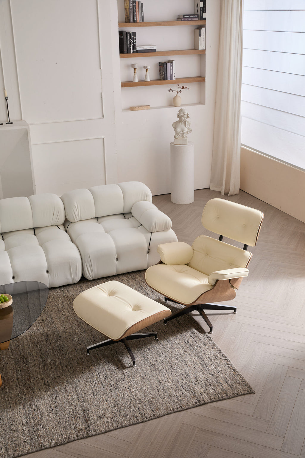 Mid-Century Modern Leather Swivel Lounge Chair and Ottoman Set, BRAND NEW