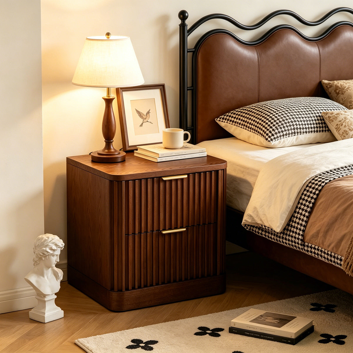 Vintage Fluted Solid Wood Nightstand with 2 Drawers