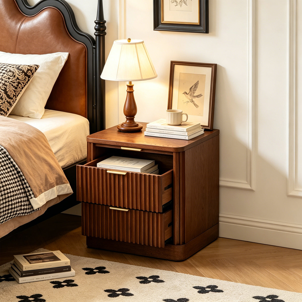 Vintage Fluted Solid Wood Nightstand with 2 Drawers