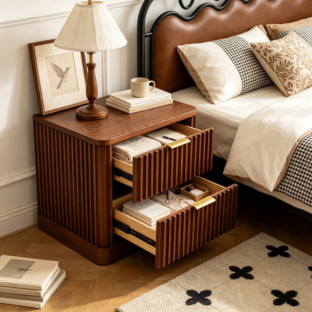 Vintage Fluted Solid Wood Nightstand with 2 Drawers