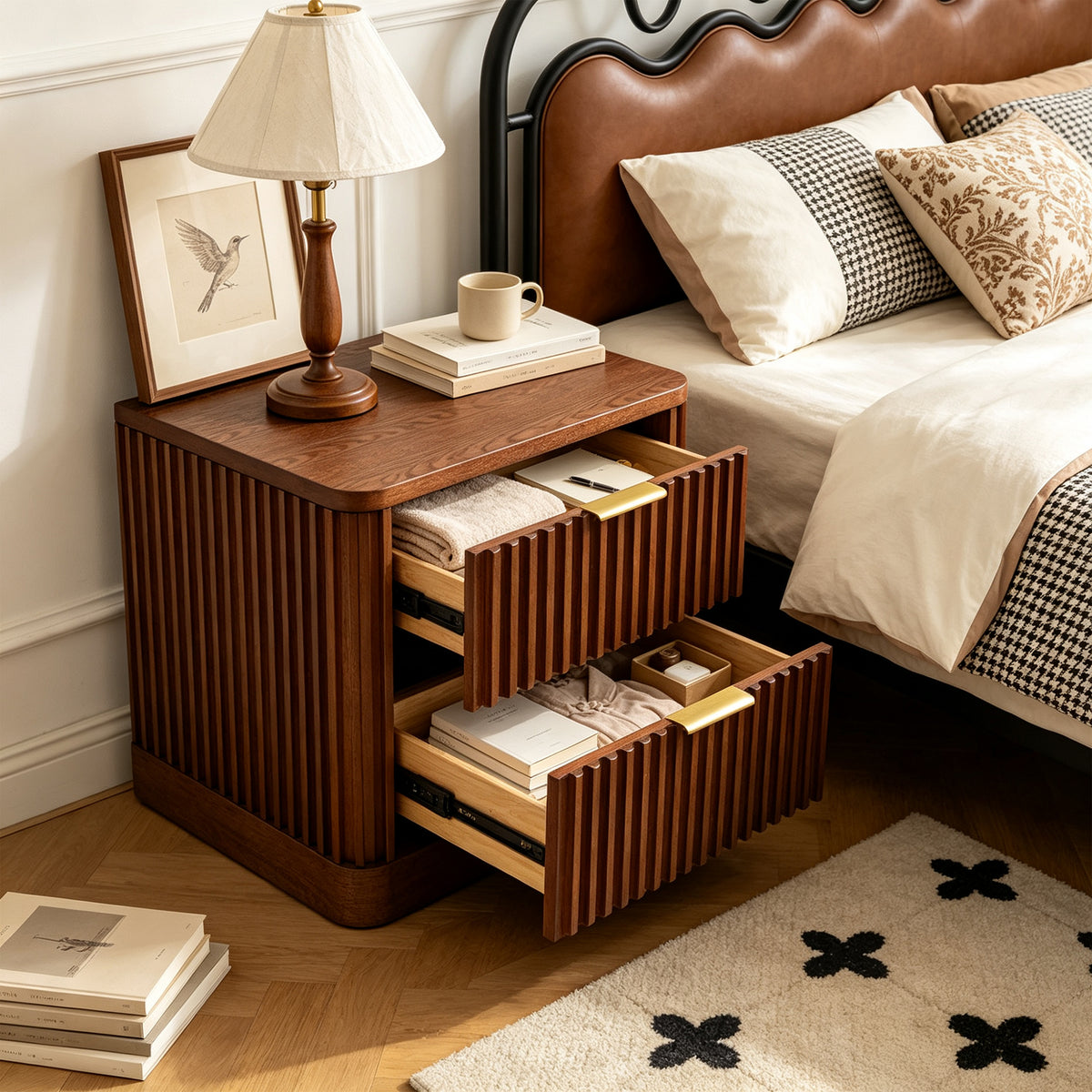 Vintage Fluted Solid Wood Nightstand with 2 Drawers