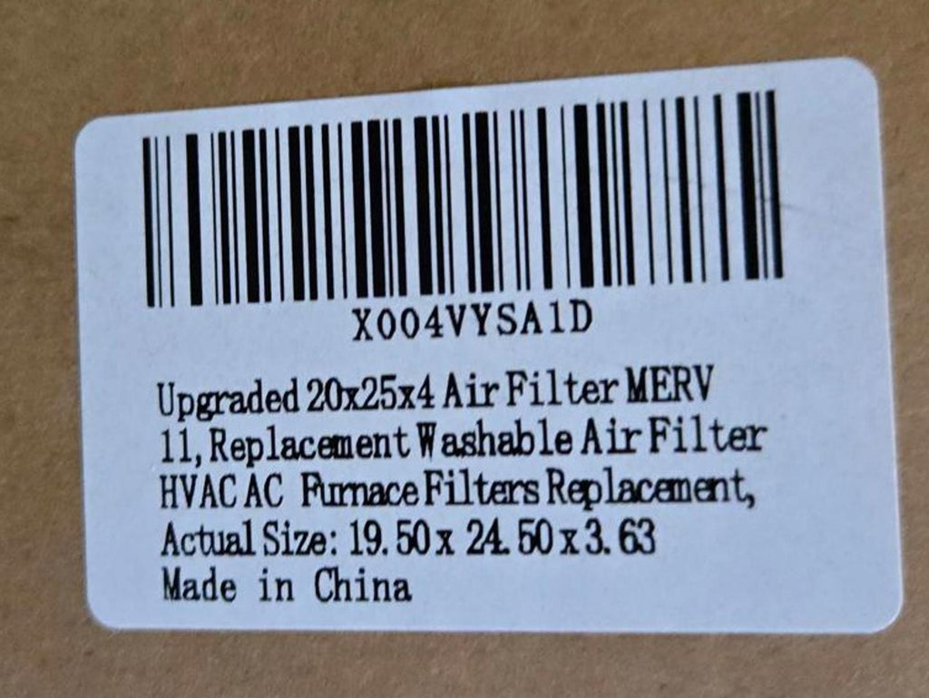 Washable Air Filter, 20x25x4, MERV 11, New