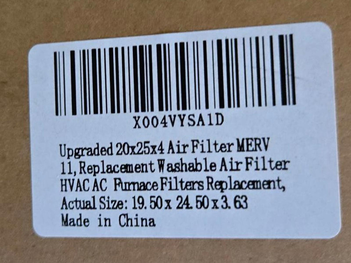 Washable Air Filter, 20x25x4, MERV 11, New