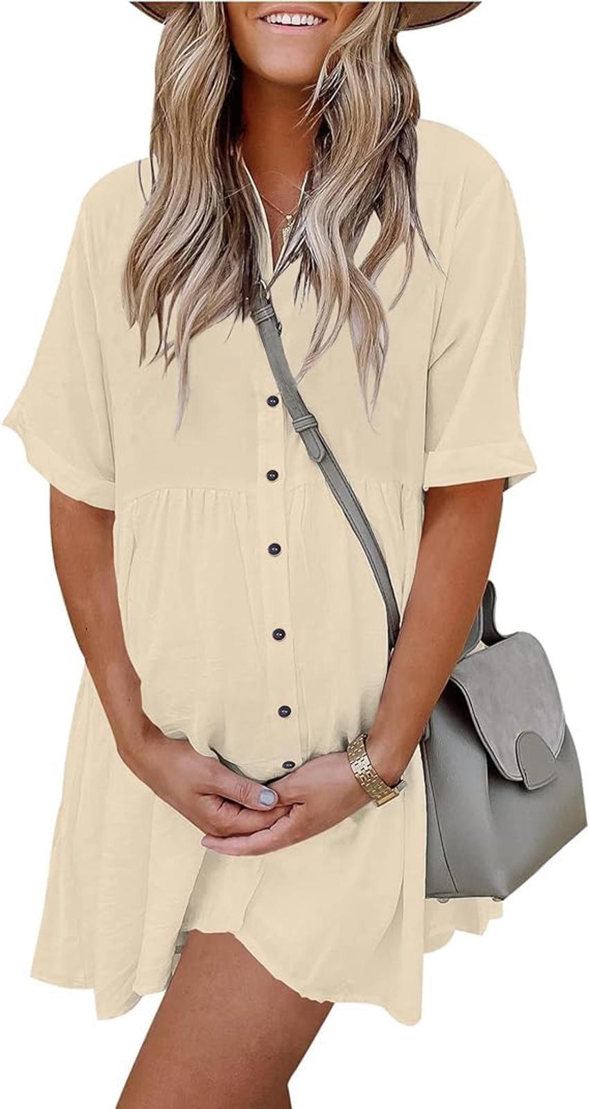 PYGFEMR Women's Summer Short Sleeve Babydoll Dress, Small, Apricot