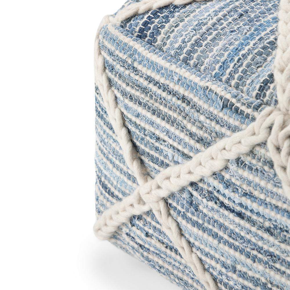 Simpli Home Cowan 20" Low Square Braided Woven Pouf Ottoman – Denim Blue NEW
