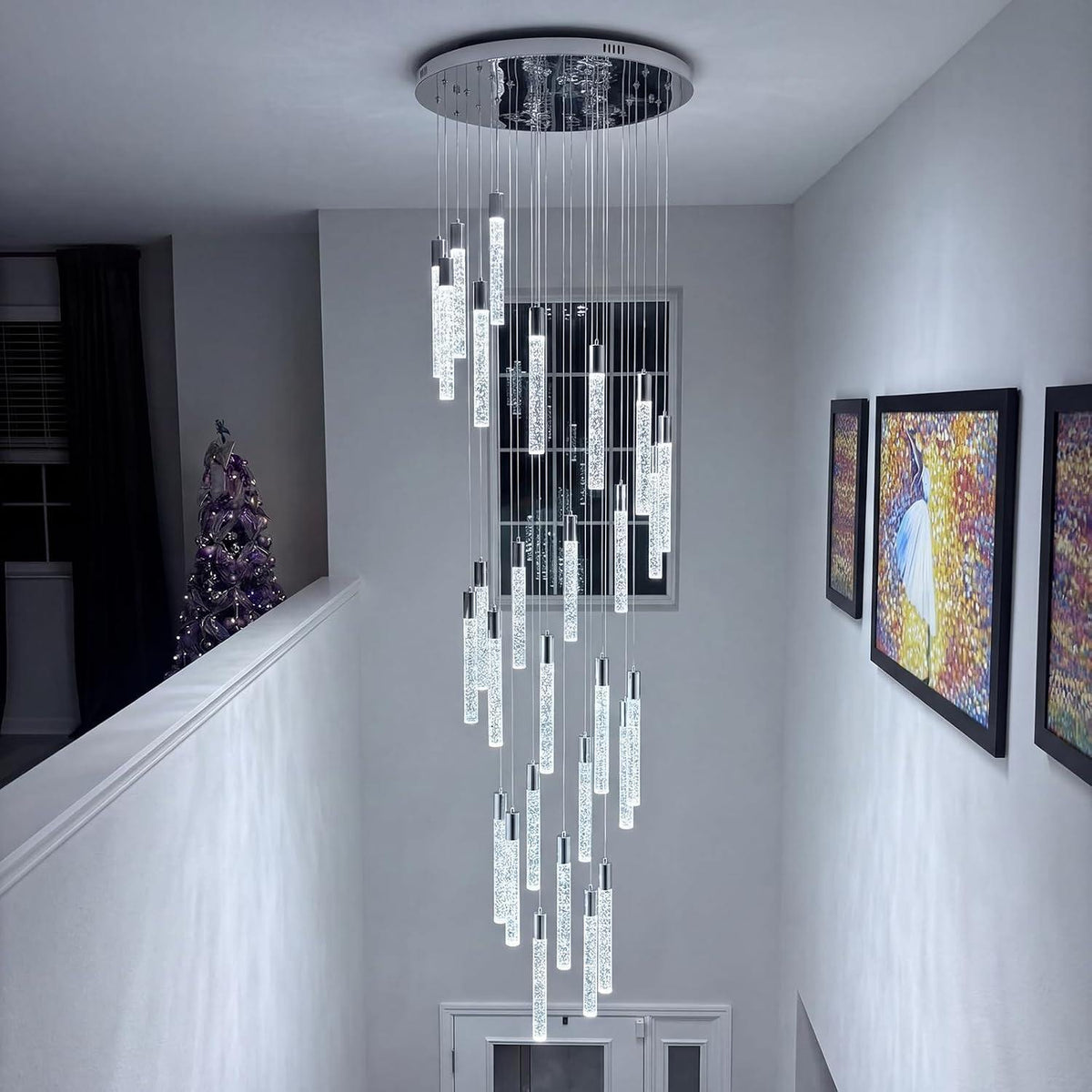 Modern 28-Light Cascading Bubble Crystal Staircase Chandelier