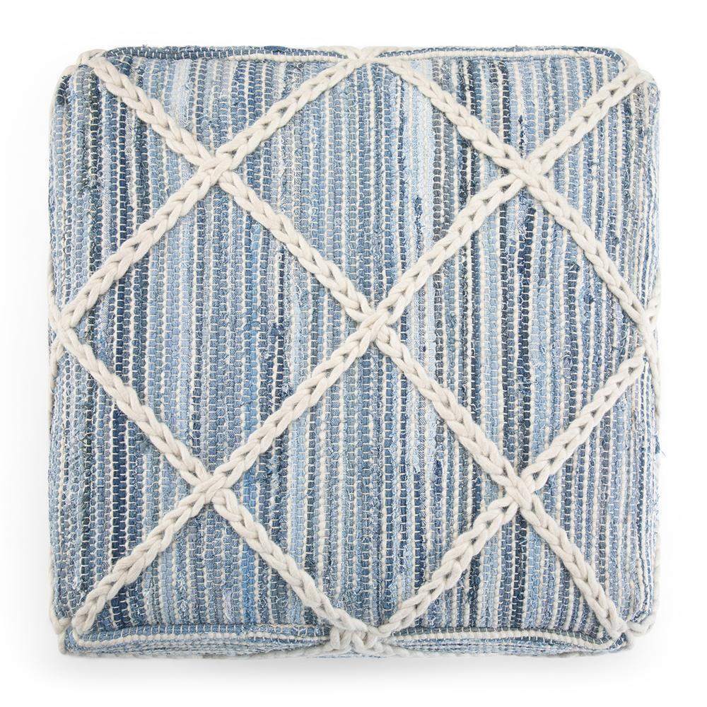 Simpli Home Cowan 20" Low Square Braided Woven Pouf Ottoman – Denim Blue NEW