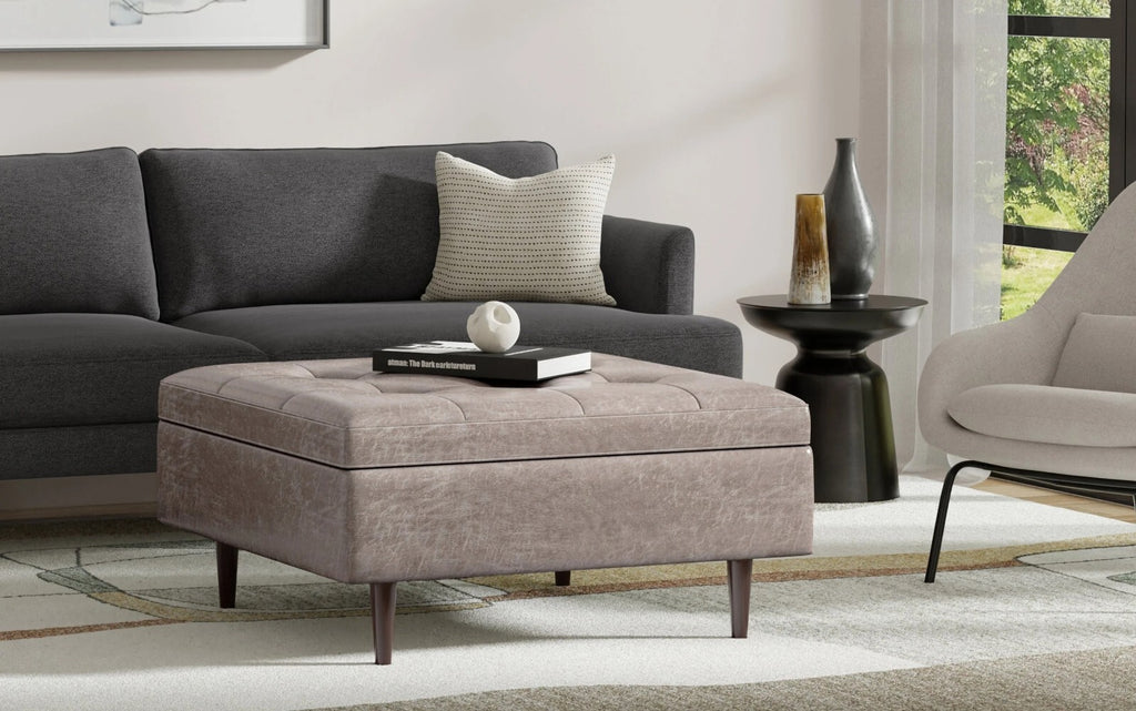Simpli Home 38" Mid-Century Square Storage Ottoman Coffee Table – Taupe (NEW)