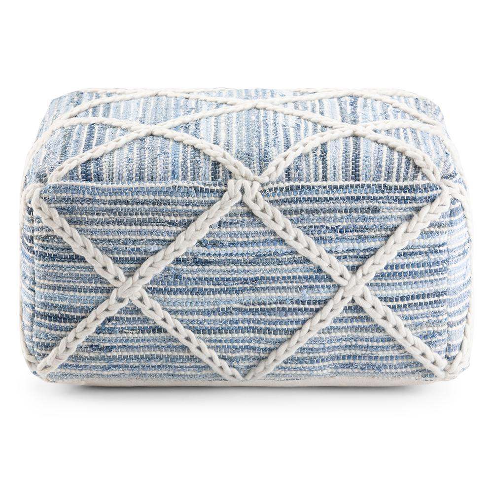 Simpli Home Cowan 20" Low Square Braided Woven Pouf Ottoman – Denim Blue NEW