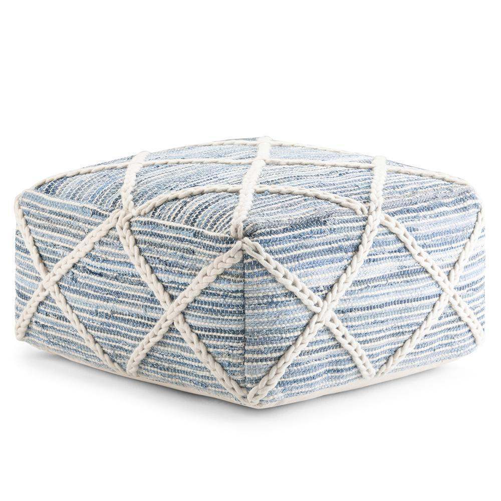 Simpli Home Cowan 20" Low Square Braided Woven Pouf Ottoman – Denim Blue NEW