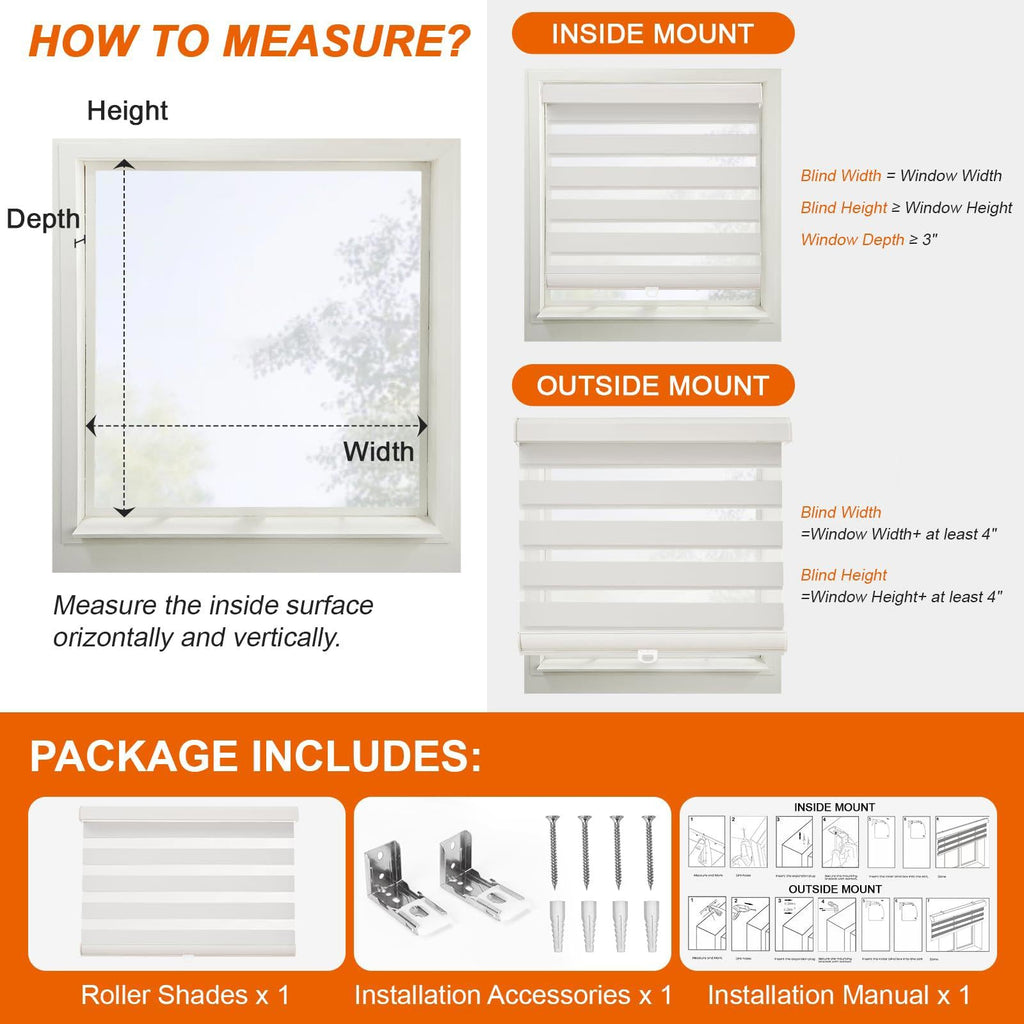 Bricurtex Cordless Zebra Blinds, White, 29" x 72" - PDX Furnish