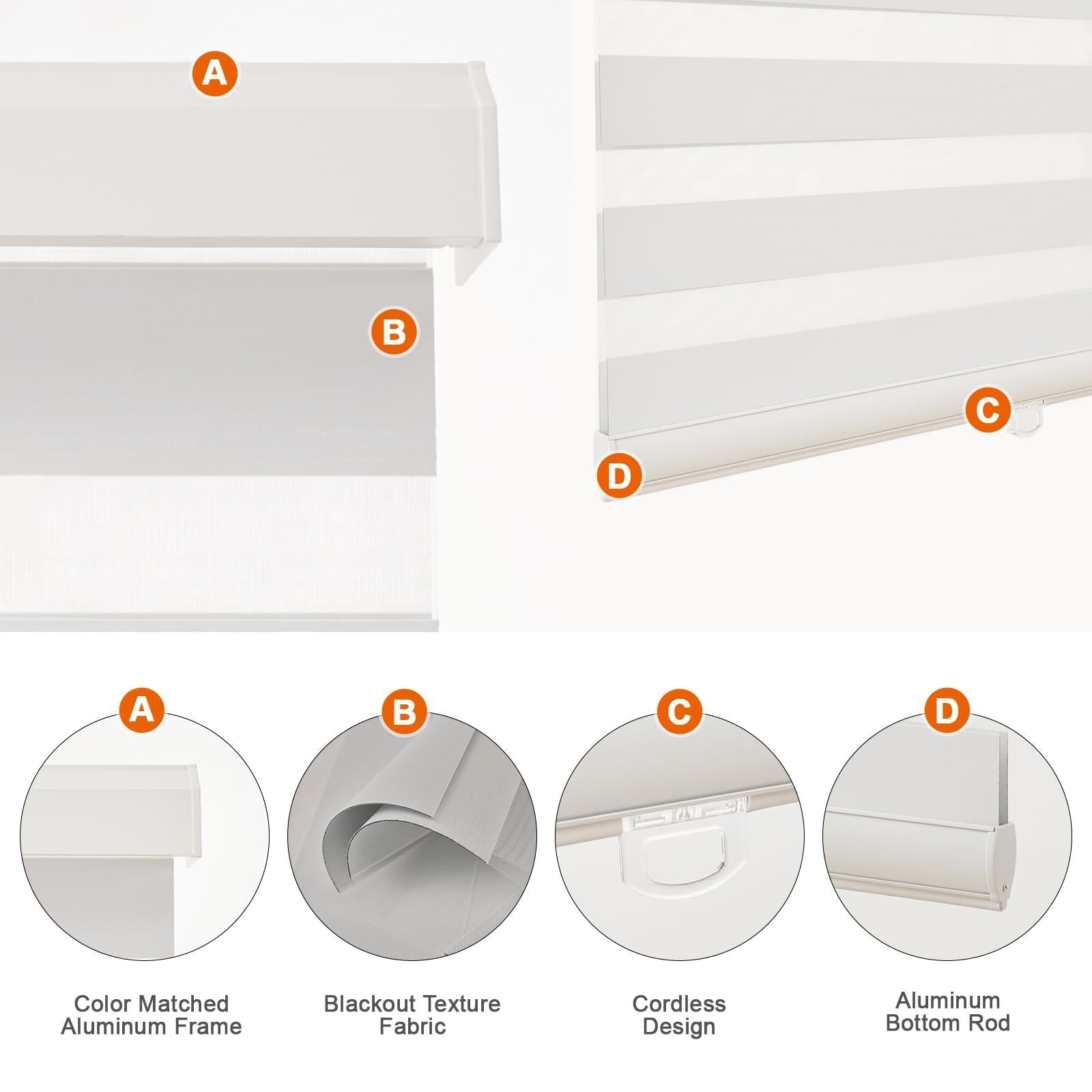 Bricurtex Cordless Zebra Blinds, White, 29" x 72" - PDX Furnish