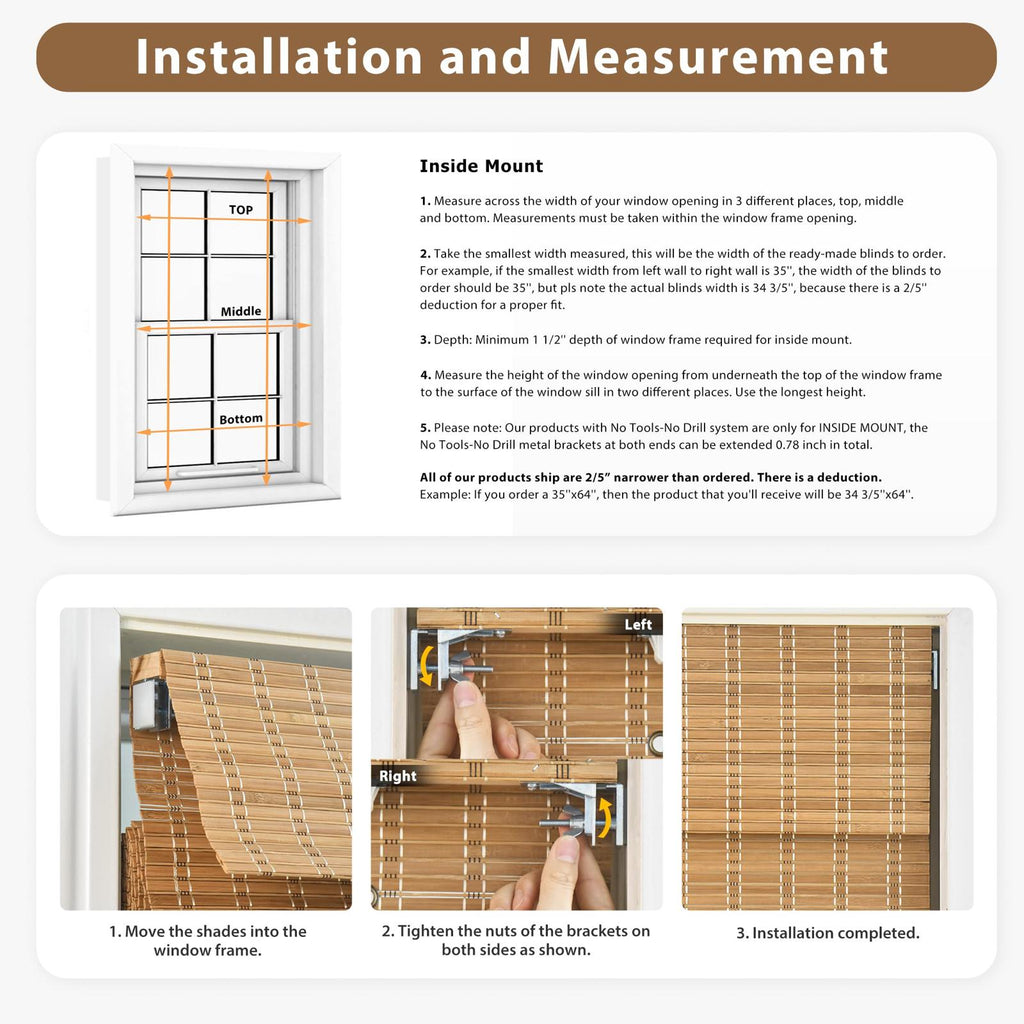 LazBlinds Cordless Bamboo Roman Shades, 41x64, Driftwood