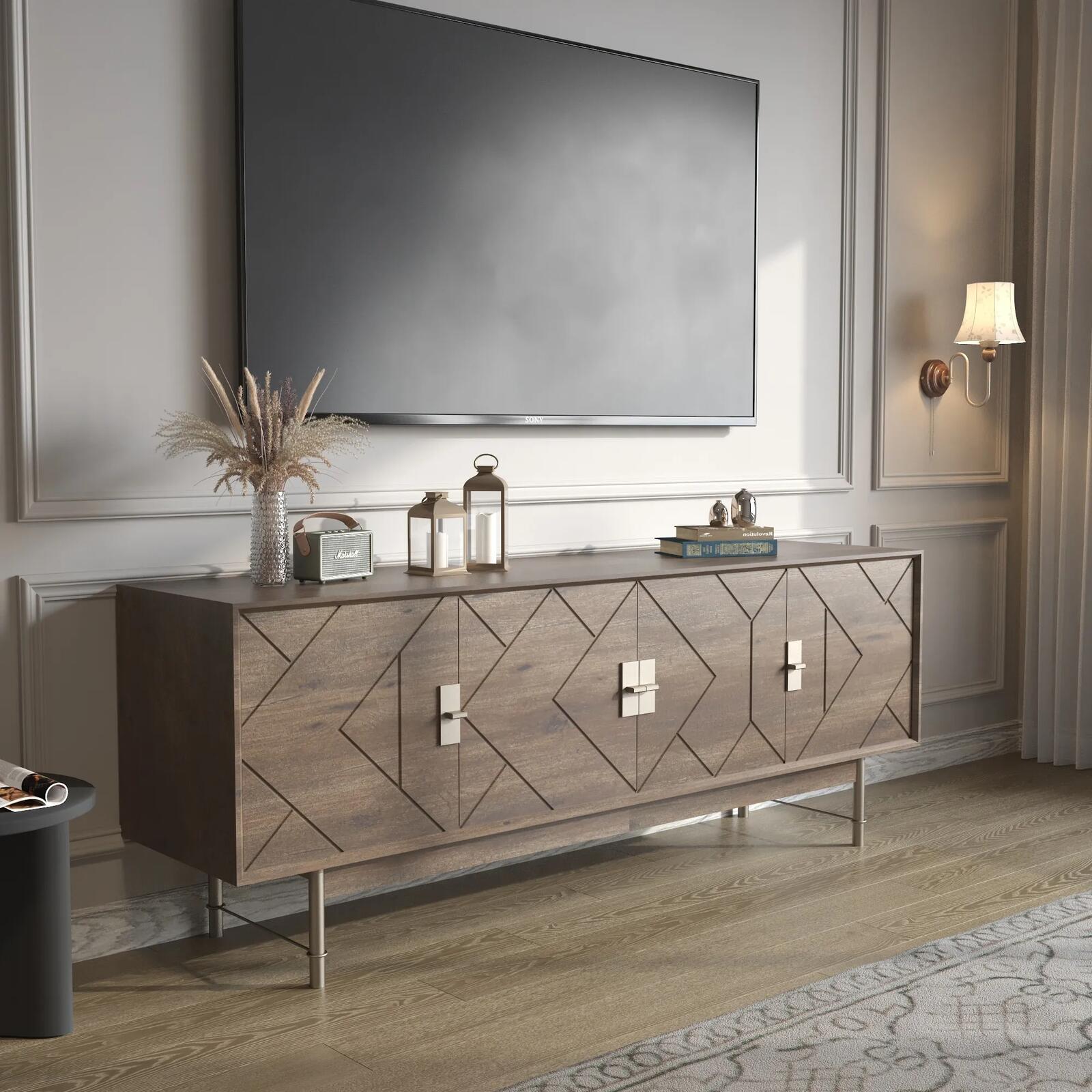 Mid - Century Modern TV Stand with a Vintage Wood Grain Finish 66 Inches - PDX Furnish