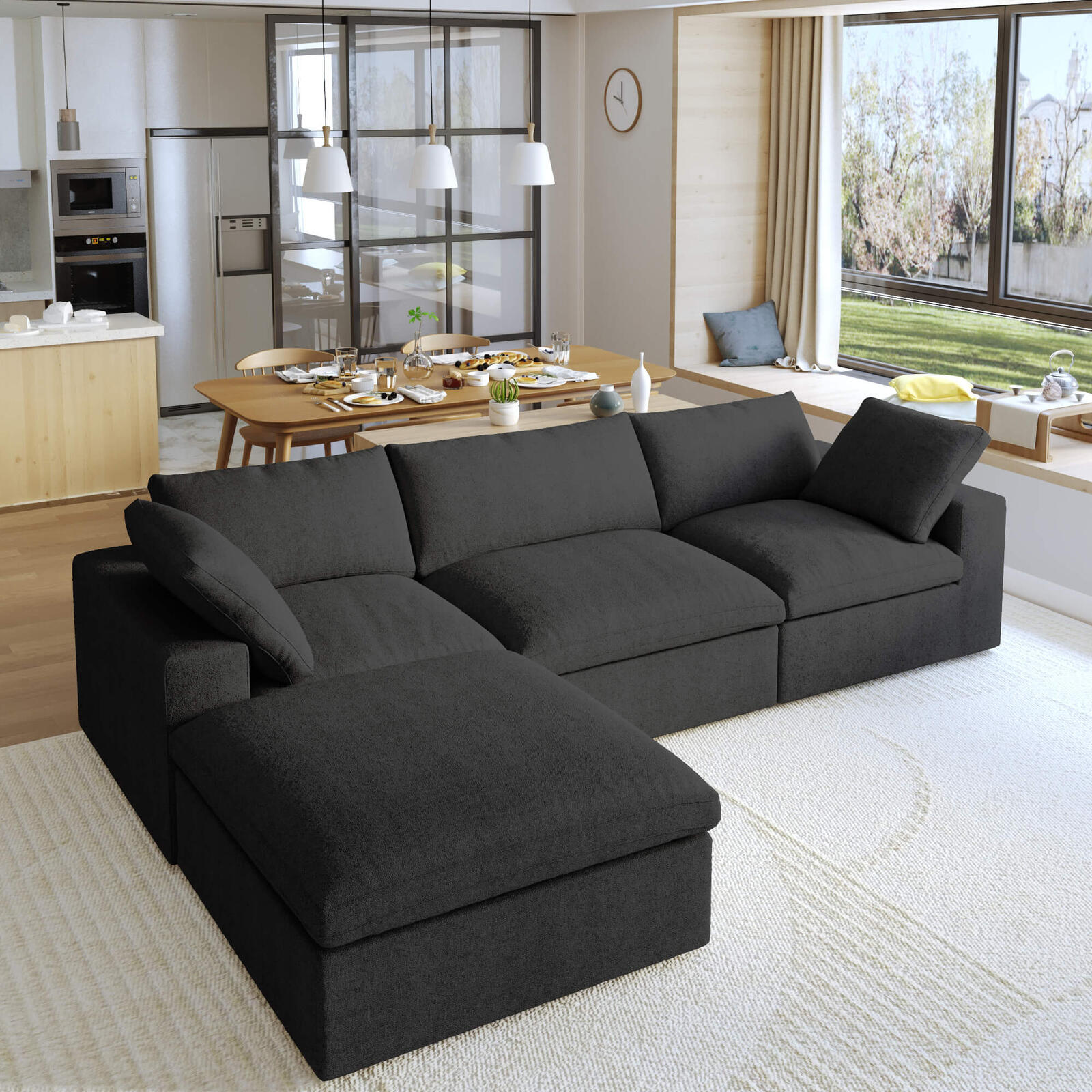 Modern Sectional Sofa with Ottoman, 3 seat + ottoman, Grey/White/Black/Khaki - PDX Furnish