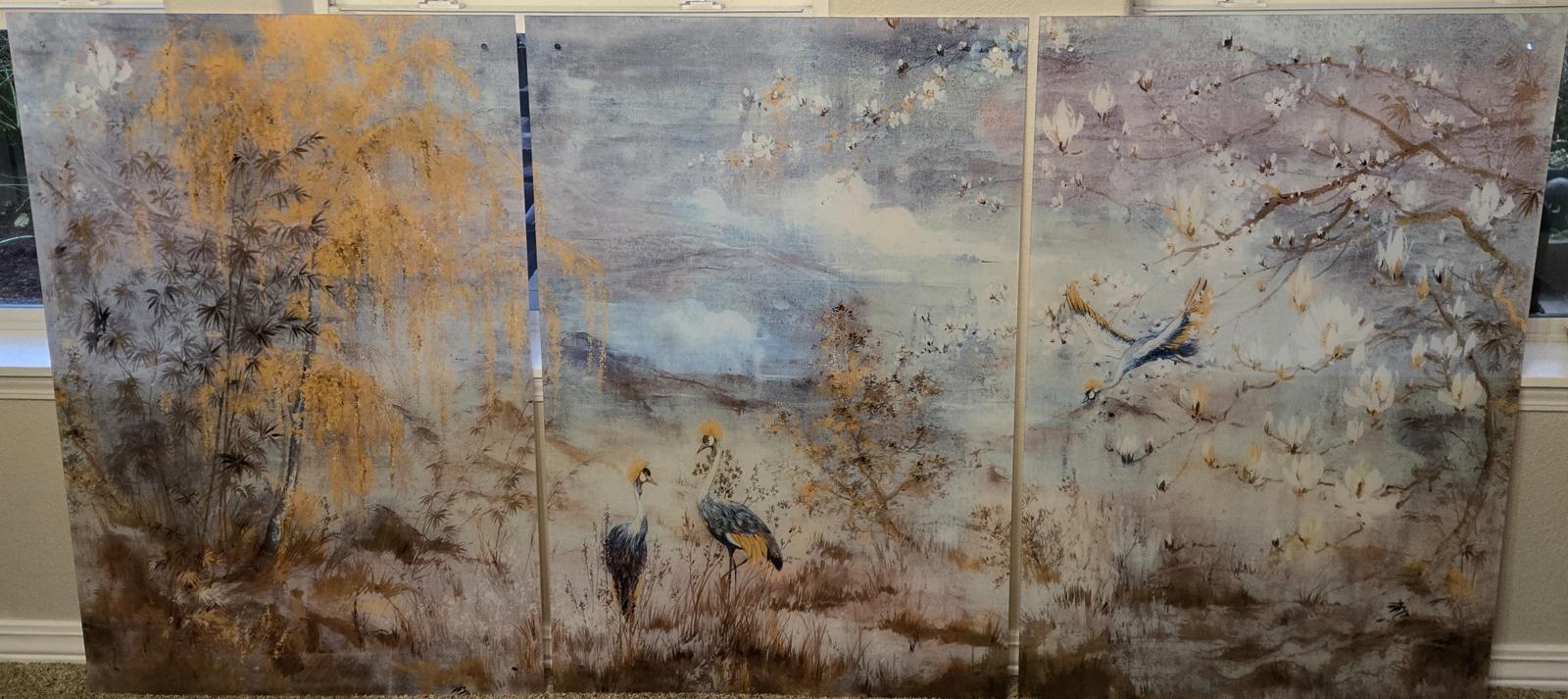 Nicolette Mayer Crested Crane Acrylic Triptych Wall Art, 96x48" overall, Delivery Included - PDX Furnish