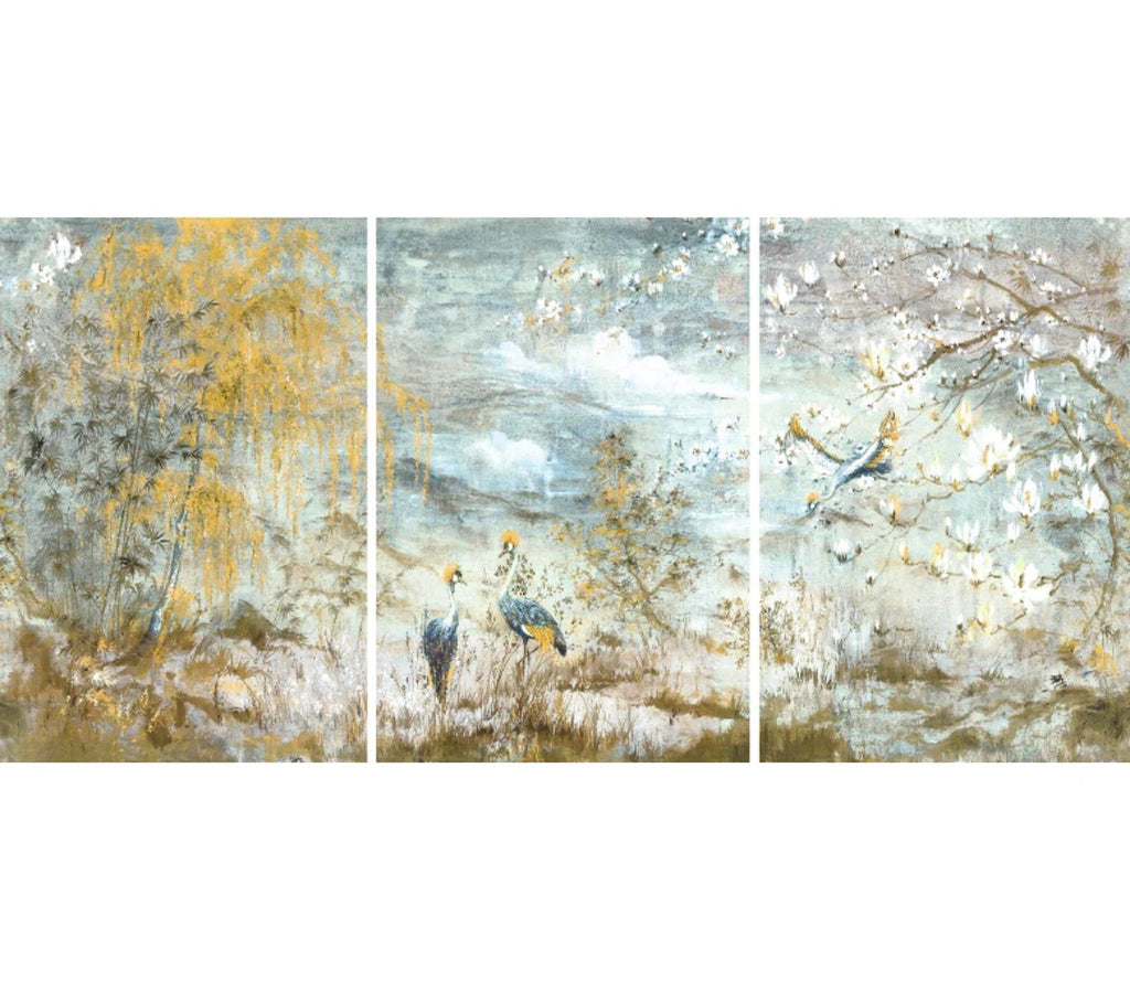 Nicolette Mayer Crested Crane Acrylic Triptych Wall Art, 96x48" overall, Delivery Included - PDX Furnish