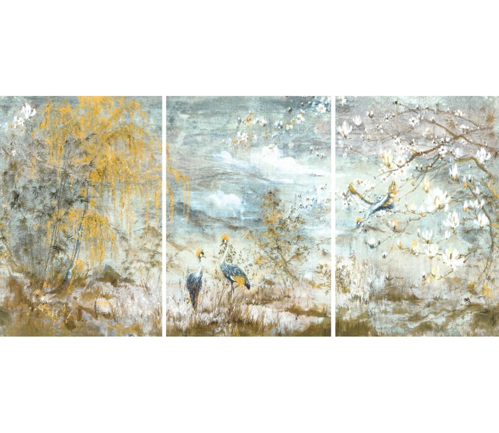 Nicolette Mayer Crested Crane Acrylic Triptych Wall Art, 96x48" overall, Delivery Included - PDX Furnish