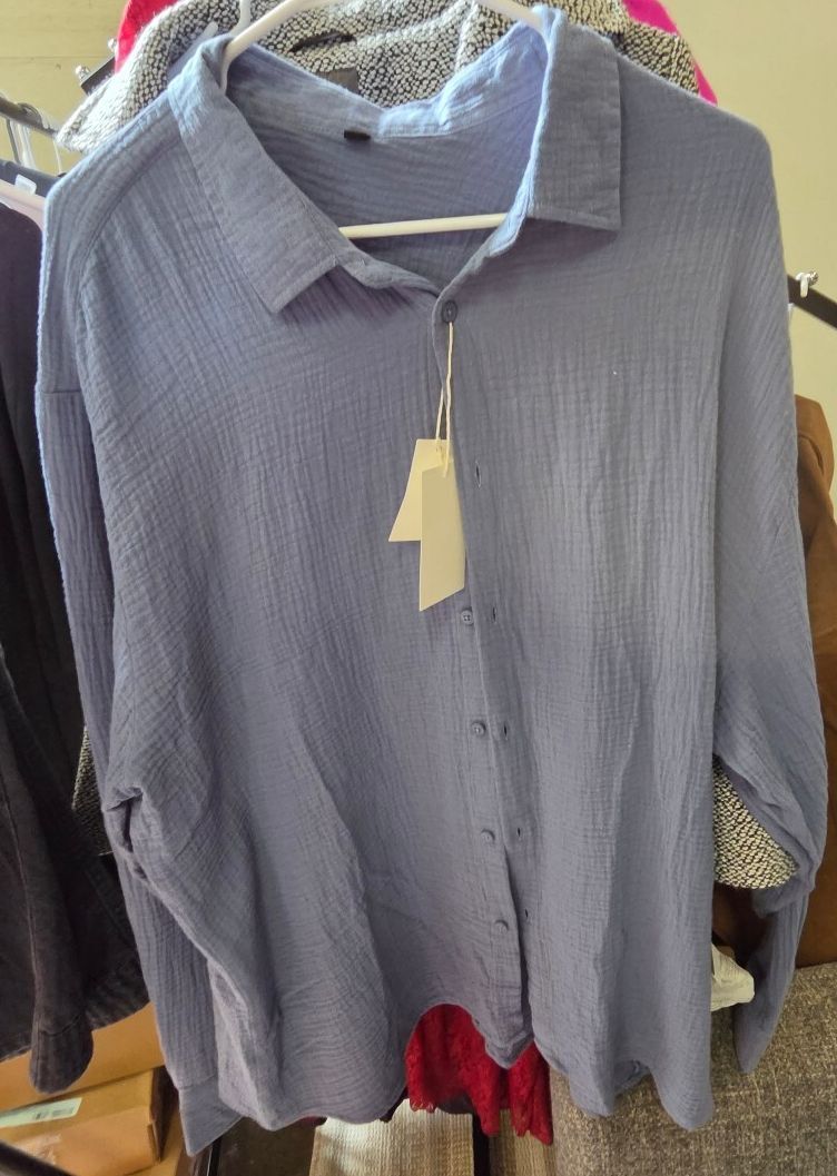 Long-Sleeve Muslin / Crinkle Gauze Cotton Button-Down Shirt, XL