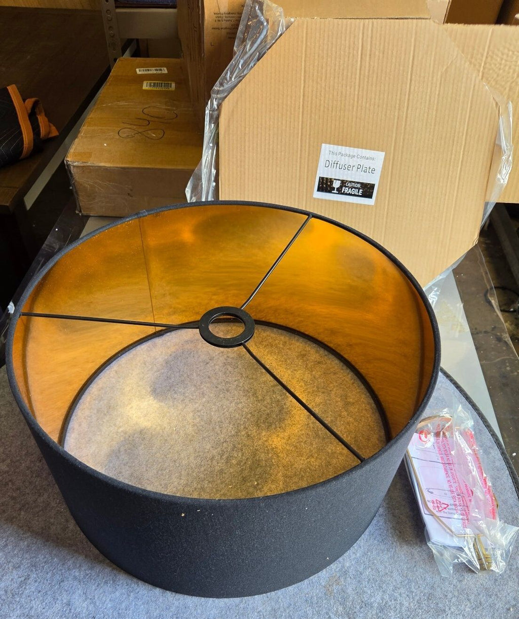 Modern Drum Lamp Shade (Black Fabric / Metallic Gold Interior)