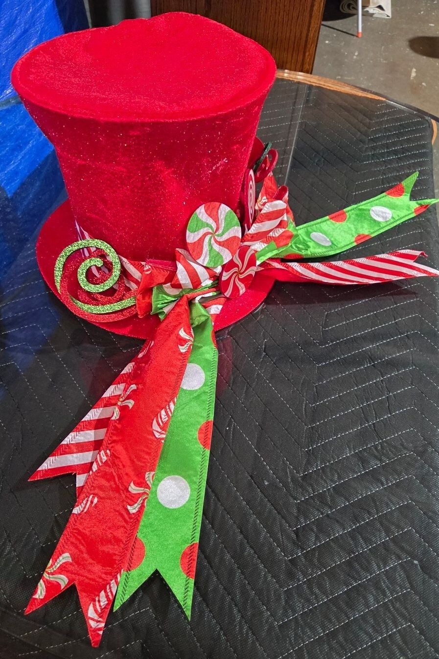 Large Red Velvet Peppermint Candy Top Hat Christmas Tree Topper / Centerpiece