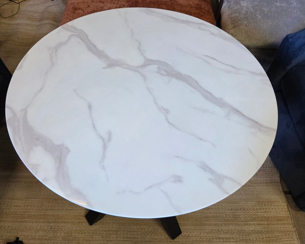 Faux marble glass table w/metal base, 35.5" diameter