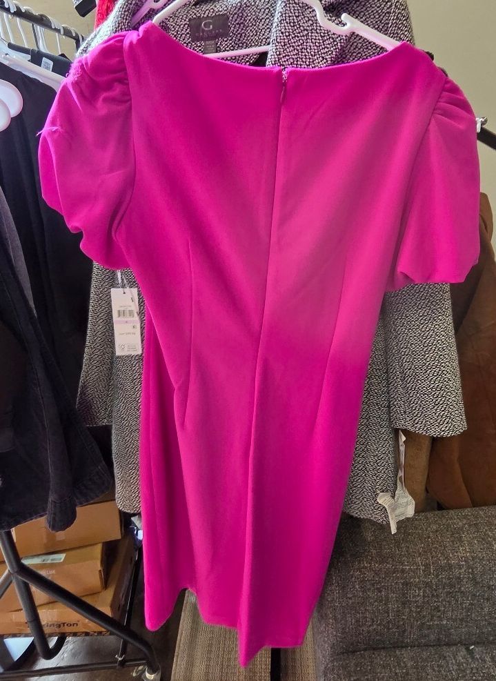 DKNY Women’s Short Puff Sleeve Ruched Sheath Dress (Raspberry Pink / Size 6)
