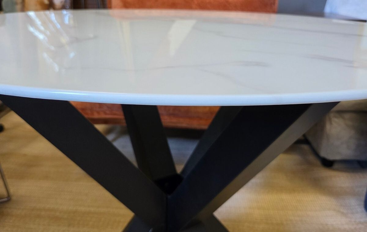 Faux marble glass table w/metal base, 35.5" diameter
