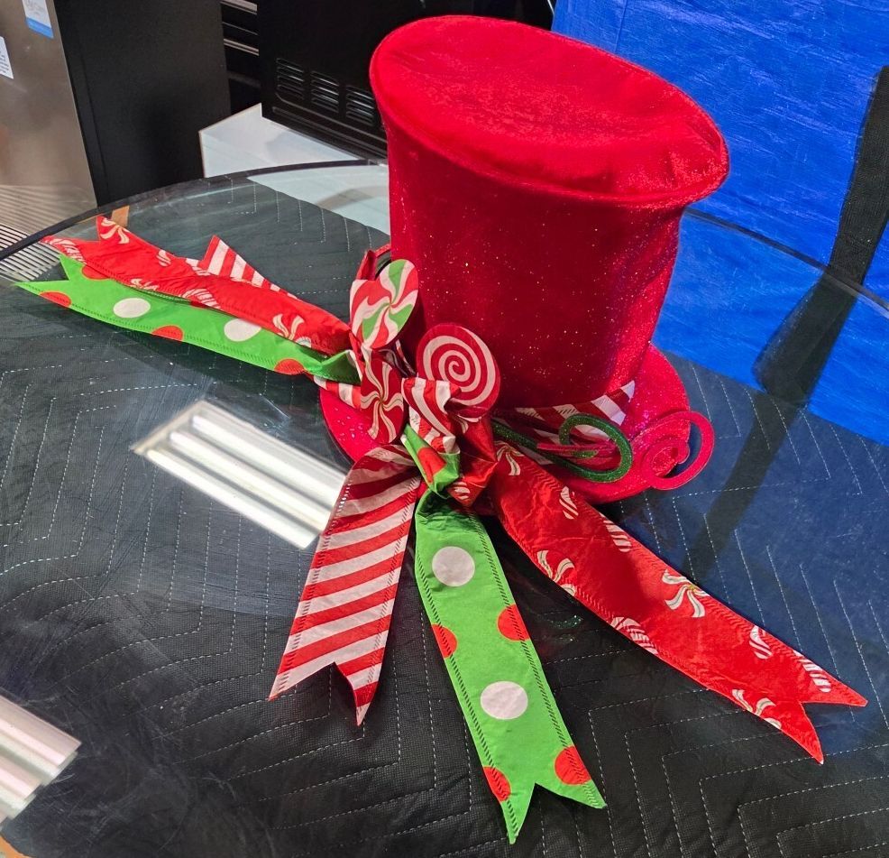 Large Red Velvet Peppermint Candy Top Hat Christmas Tree Topper / Centerpiece