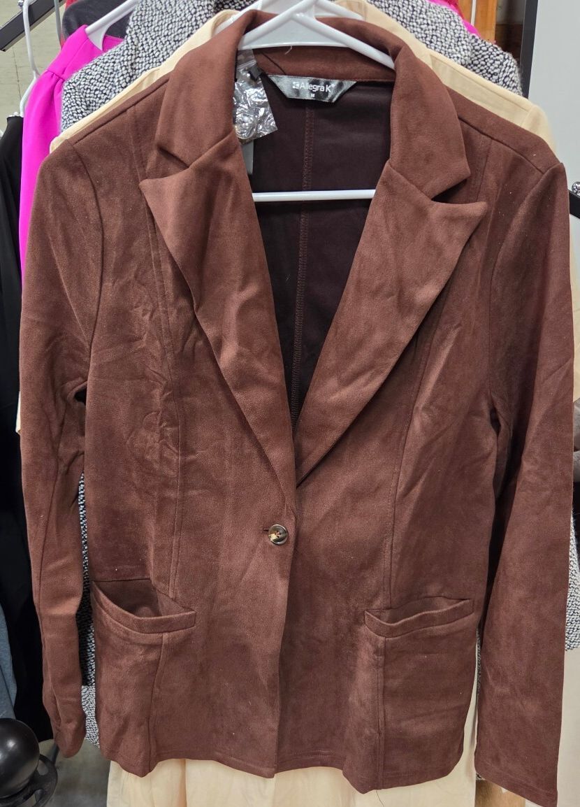 Allegra K Women's Faux Suede One-Button Suit Blazer Jacket (Rich Brown / Medium)