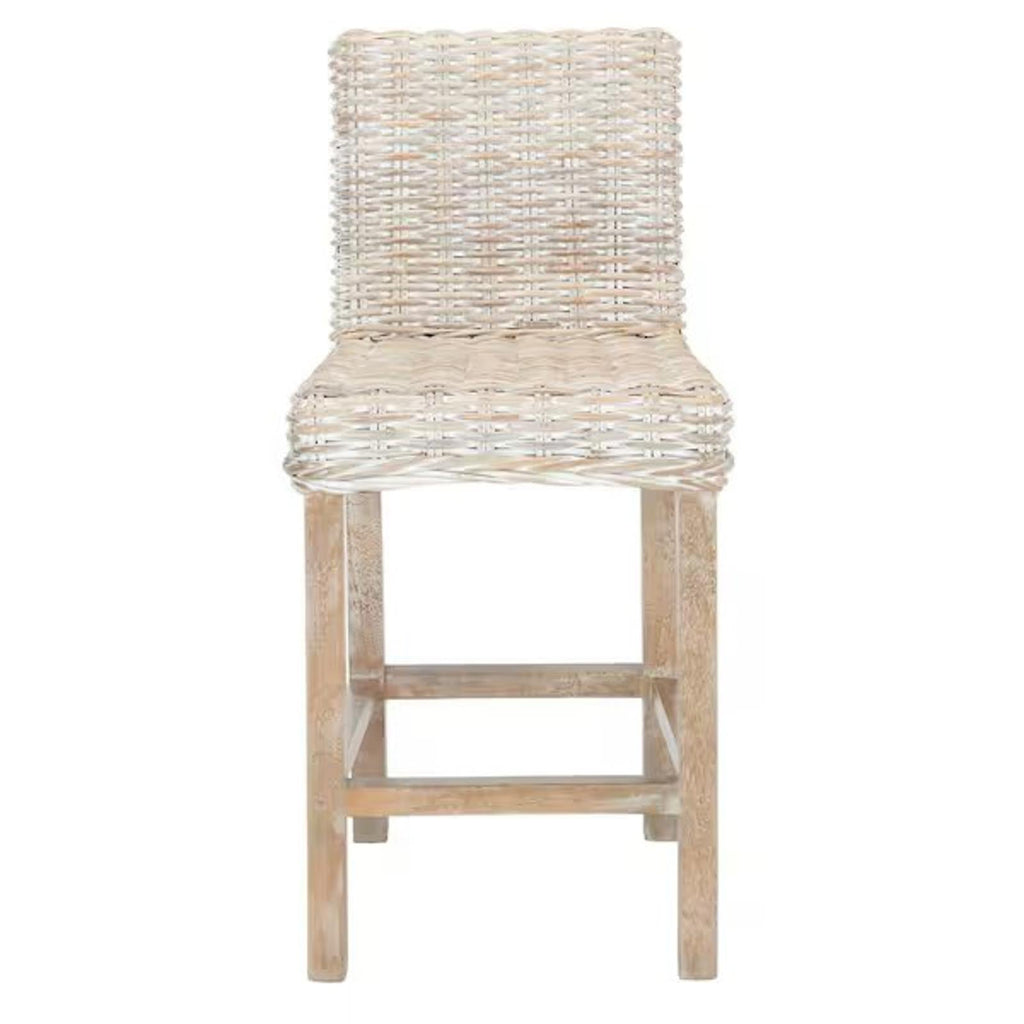 Racquel 39 in. Natural Rattan and Walnut Brown Mahogany Wood Counter Height Bar Stool, New Open Box - PDX Furnish
