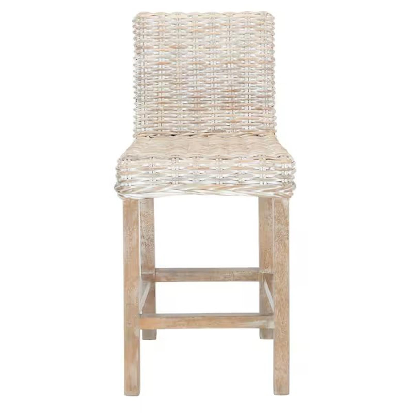 Racquel 39 in. Natural Rattan and Walnut Brown Mahogany Wood Counter Height Bar Stool, New Open Box - PDX Furnish