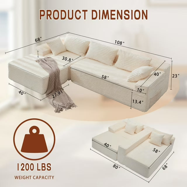 Korser Boneless Couch with Deep Seat, Right Side + Footstool