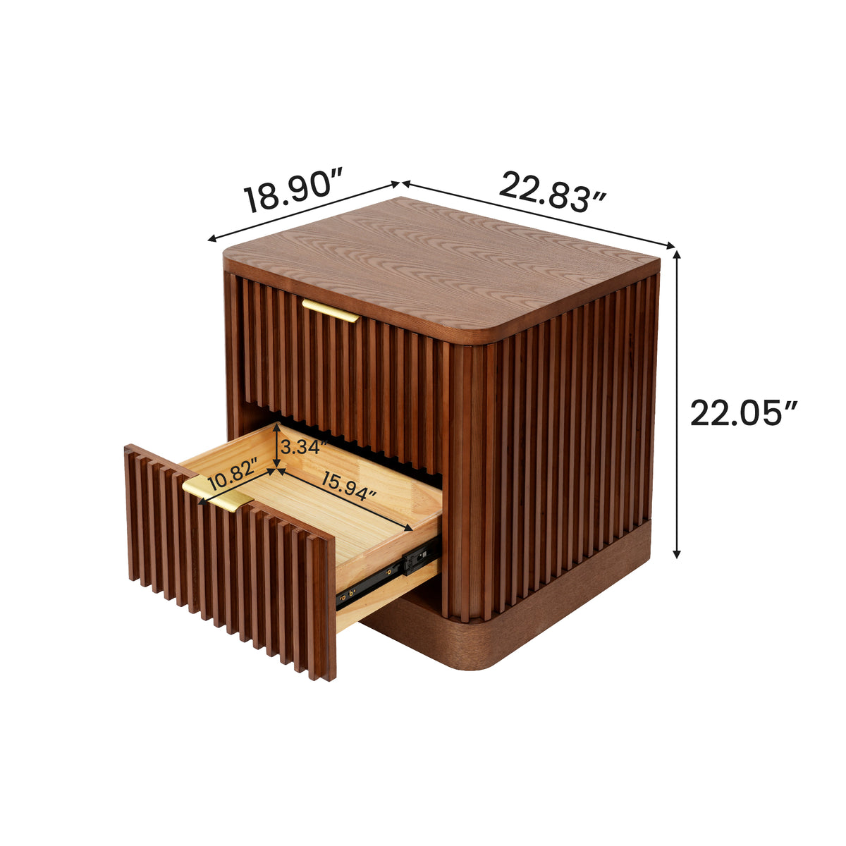 Vintage Fluted Solid Wood Nightstand with 2 Drawers