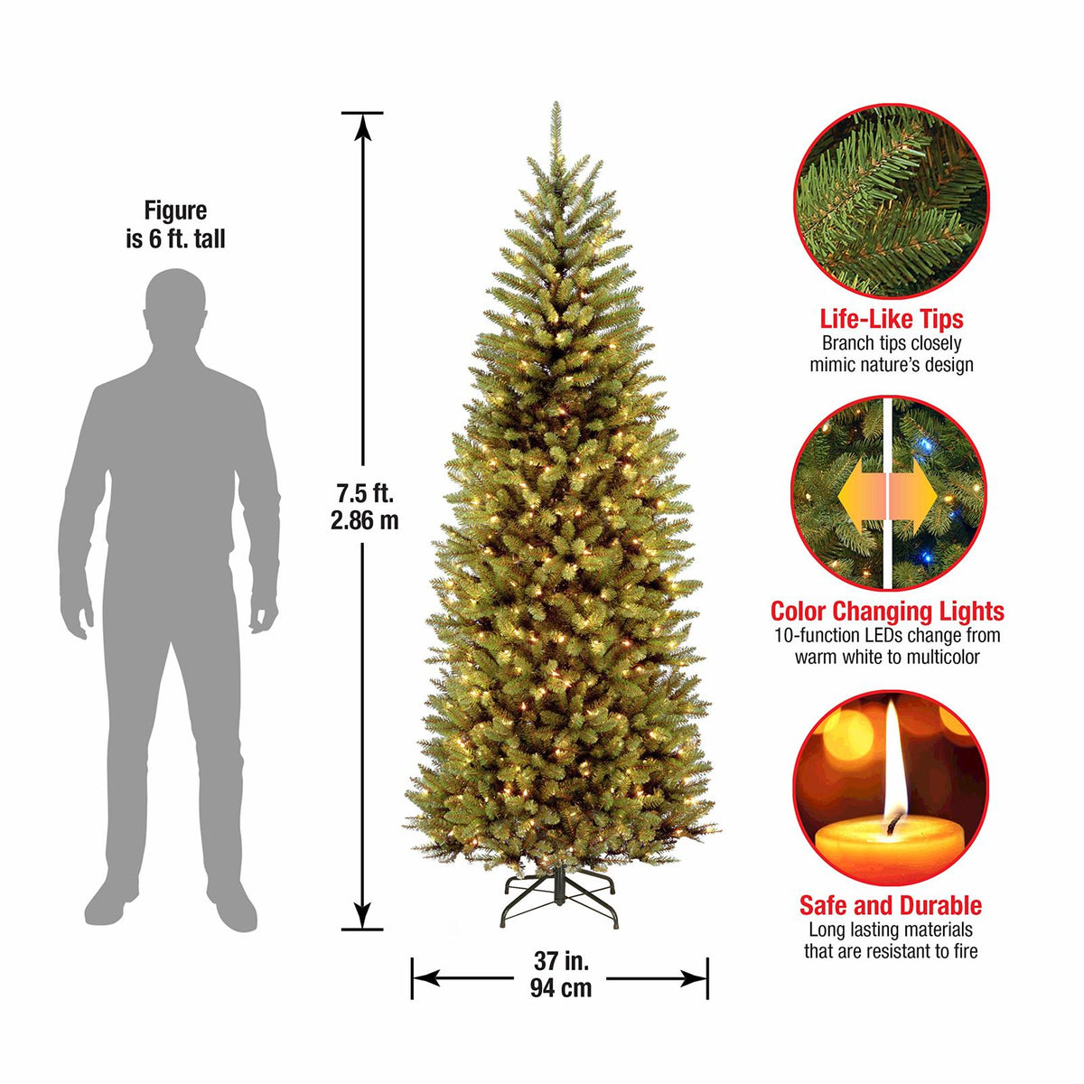 7.5 ft Pre-Lit Kingswood Fir Slim Artificial Christmas Tree, 450 LED Lights, Includes Stand, Green