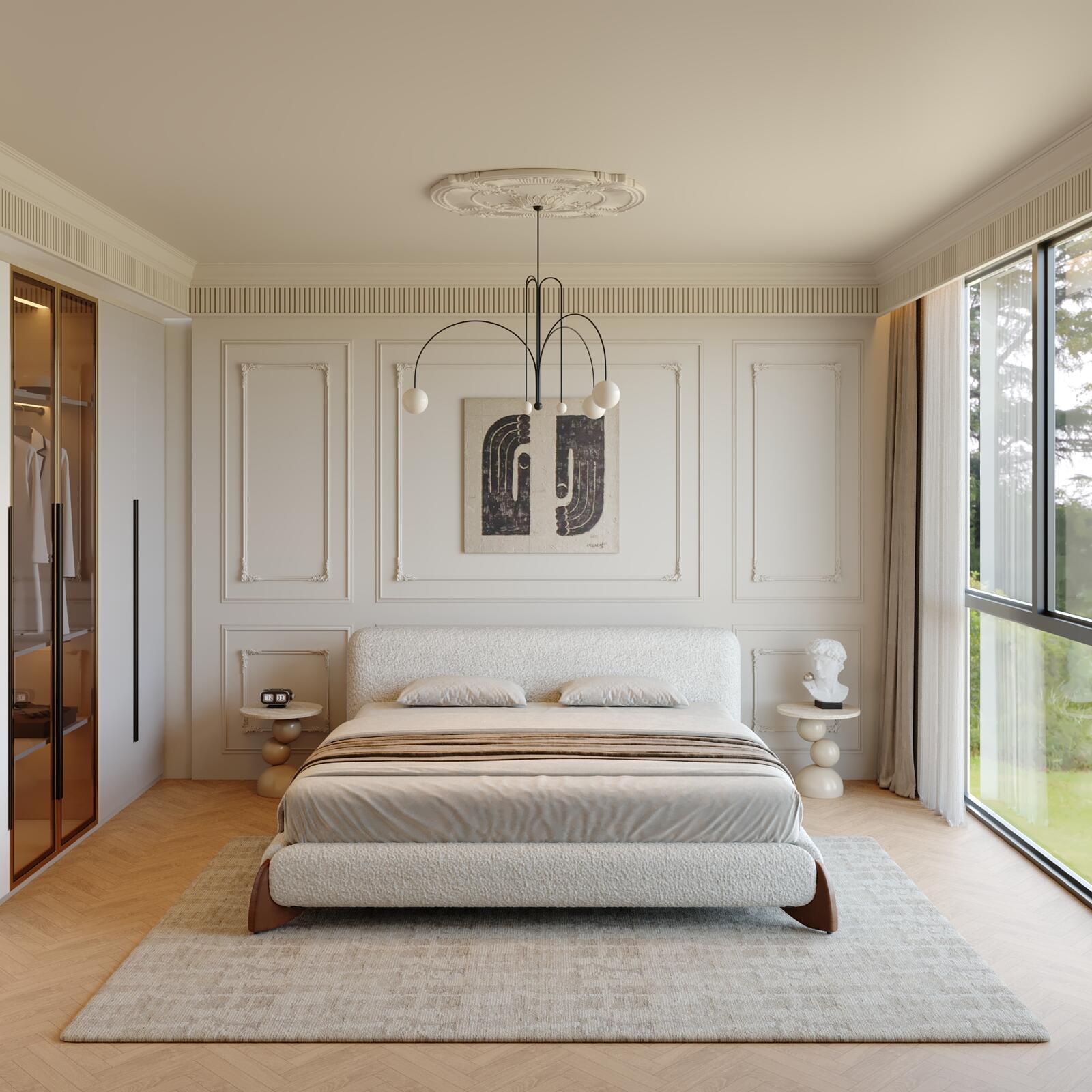 Wood and Boucle King/Queen Platform Bed Frame - PDX Furnish