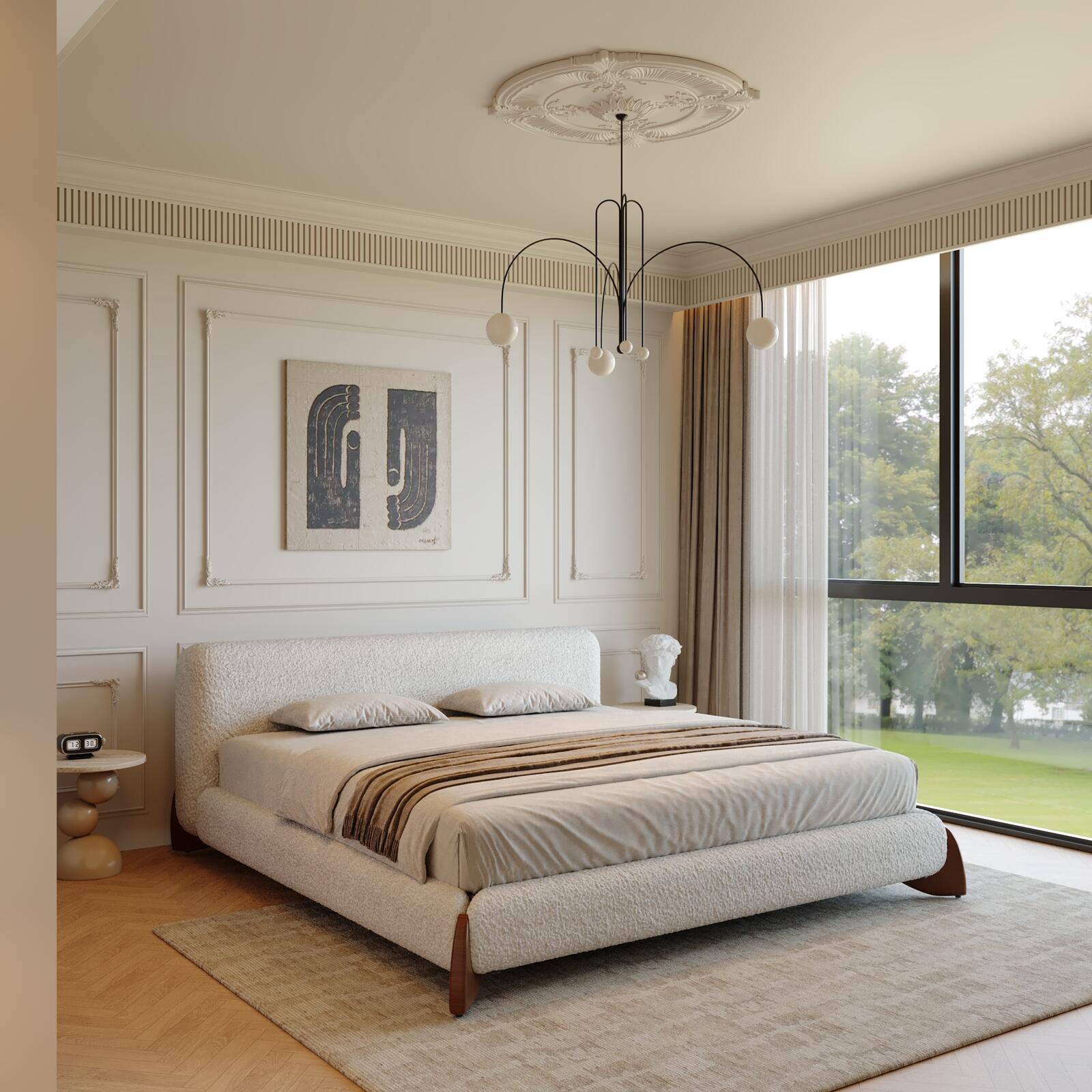 Wood and Boucle King/Queen Platform Bed Frame - PDX Furnish